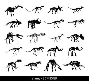 Définir les silhouettes de pixels squelettes dinosaures. Illustration de Vecteur