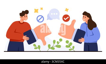 Deux personnes montrant des symboles pouce vers le haut et pouce vers le bas représentant une revue commerciale de communication de feedback positif et négatif et une illustration vectorielle de concept d'évaluation Illustration de Vecteur