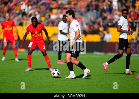 Farum, Danemark. 14 septembre 2025. Superligakampen mellem FC Nordsjaelland og FC Midtjylland paa droit à Dream Park i Farum soendag den 14. septembre 2025. Crédit : Ritzau/Alamy Live News Banque D'Images
