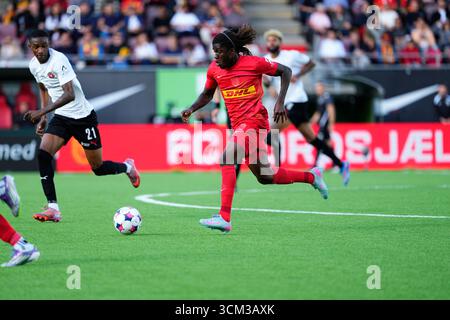 Farum, Danemark. 14 septembre 2025. Superligakampen mellem FC Nordsjaelland og FC Midtjylland paa droit à Dream Park i Farum soendag den 14. septembre 2025. Crédit : Ritzau/Alamy Live News Banque D'Images