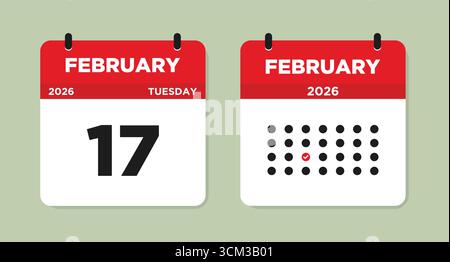 17 février 2026 mardi page calendrier illustration vectorielle.17 février page calendrier. Calendrier journalier avec la date du 17 février. Calendrier journalier de la liste de contrôle. Illustration de Vecteur