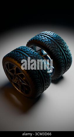 Image rendue en 3D de deux pneus de voiture modernes avec des jantes en alliage disposées en diagonale, éclairées avec un éclairage spectaculaire, détails de la bande de roulement visibles, et vide co Banque D'Images