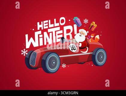 Bonjour la citation de Noël d'hiver et la carte de voeux avec le Père Noël sur la voiture de sport, vecteur de dessin animé. Citation de Noël et carte de voeux de vacances d'hiver du nouvel an avec joyeux Père Noël, cadeaux et écureuil en flocons de neige Illustration de Vecteur