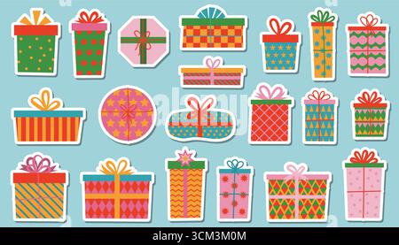 Ensemble d'autocollants de style plat de dessin animé avec des boîtes-cadeaux dans un emballage coloré noué avec des rubans et des noeuds. Joli clipart festif pour Noël, anniversaire, holi Illustration de Vecteur