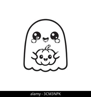 Cette adorable illustration d'Halloween présente un fantôme joyeux avec des yeux étincelants et un bord festonné, lui donnant une apparence douce et costumée Illustration de Vecteur