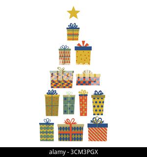 Carte de voeux de Noël de style plat de dessin animé avec composition triangulaire de boîtes-cadeaux formant une forme d'arbre surmontée d'une étoile. Mignon clipart festif pour Illustration de Vecteur