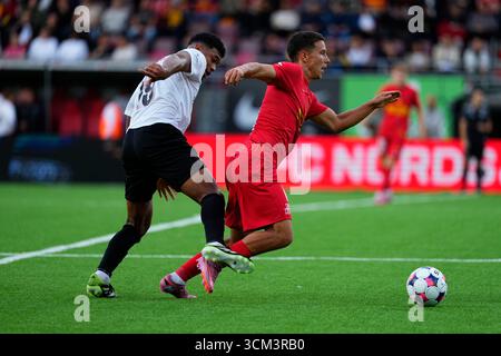 Farum, Danemark. 14 septembre 2025. Superligakampen mellem FC Nordsjaelland og FC Midtjylland paa droit à Dream Park i Farum soendag den 14. septembre 2025. Crédit : Ritzau/Alamy Live News Banque D'Images