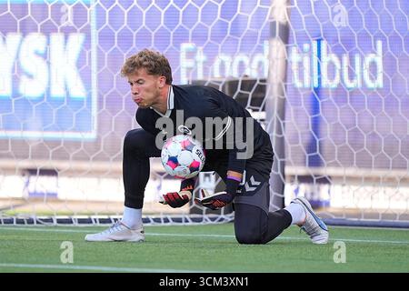 Silkeborg, Danemark. 14 septembre 2025. Superligakampen mellem Silkeborg IF og OB paa JYSK Park i Silkeborg soendag den 14. septembre 2025. Crédit : Ritzau/Alamy Live News Banque D'Images
