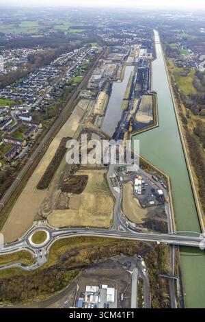 Vue aérienne, zone de construction pour le quartier urbain prévu Wasserstadt Aden avec nouveau rond-point sur le site de l'ancienne houillère Haus Aden sur la Datt Banque D'Images