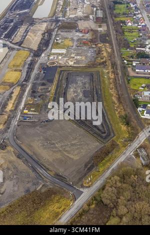 Vue aérienne, zone de construction pour le quartier urbain prévu Wasserstadt Aden avec nouveau rond-point sur le site de l'ancienne houillère Haus Aden sur la Datt Banque D'Images
