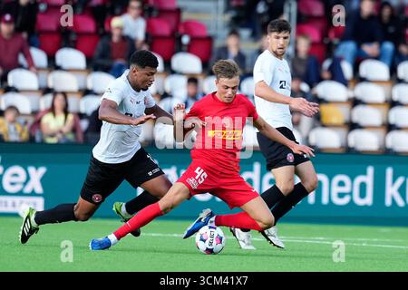 Farum, Danemark. 14 septembre 2025. Superligakampen mellem FC Nordsjaelland og FC Midtjylland paa droit à Dream Park i Farum soendag den 14. septembre 2025. Crédit : Ritzau/Alamy Live News Banque D'Images