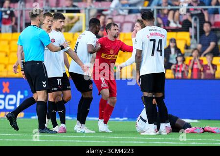 Farum, Danemark. 14 septembre 2025. Superligakampen mellem FC Nordsjaelland og FC Midtjylland paa droit à Dream Park i Farum soendag den 14. septembre 2025. Crédit : Ritzau/Alamy Live News Banque D'Images