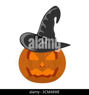 Citrouille d'Halloween avec chapeau de sorcière. Une citrouille d'Halloween sculptée portant un chapeau de sorcière noir classique avec une boucle argentée. Parfait pour les modèles de saison. Illustration de Vecteur