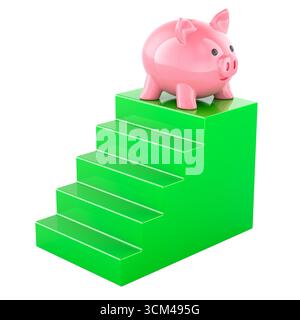 Escaliers du podium avec tirelire. Croissance financière, concept. Rendu 3D isolé sur fond blanc Banque D'Images