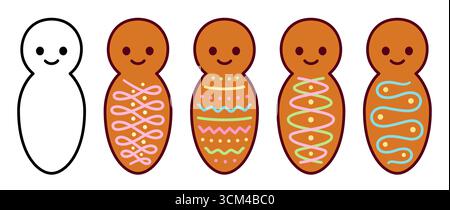 Guagua de pan (bébé pain), nourriture sucrée traditionnelle en Équateur. Icône noir et blanc pour la coloration, différentes décorations. Illustration vectorielle de dessin animé mignon Illustration de Vecteur