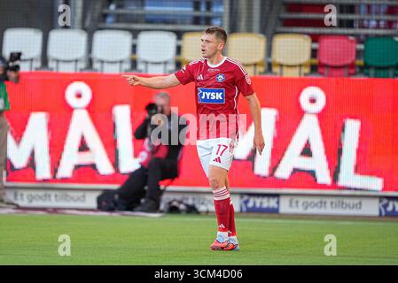 Silkeborg, Danemark. 14 septembre 2025. Superligakampen mellem Silkeborg IF og OB paa JYSK Park i Silkeborg soendag den 14. septembre 2025. Crédit : Ritzau/Alamy Live News Banque D'Images