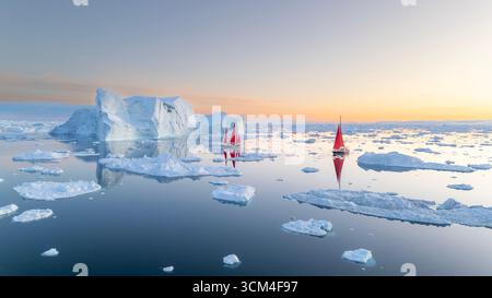 Cette photo panoramique capture deux voiliers aux voiles rouges frappantes naviguant sur une mer sereine et remplie de glace alors que le soleil se couche sur l'horizon. Imposant iceb Banque D'Images