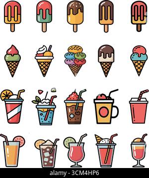 Icônes de crème glacée et de boisson froide dans des illustrations de style plat Illustration de Vecteur