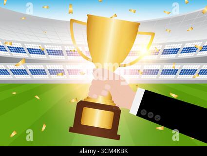 Coupe des champions de football. Main tenant la Golden Trophy Cup pour le championnat de football dans l'arène. Célébration du championnat de football au stade de football. Illustration de Vecteur