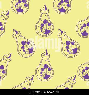 Silhouettes Magic symboles Seamless pattern, avec des éléments magiques tels que serpent, oeil, cartes de tarot, main, crâne, potion, lune, papillon, champignons, st Illustration de Vecteur