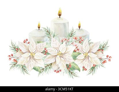 Bougies de Noël et fleurs poinsettia blanches décorées de branches de sapin et de baies rouges. Illustration de l'Avent de vacances dessinée à la main à l'aquarelle isolée Banque D'Images