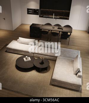 Salon intérieur minimaliste moderne avec grand canapé modulable, vue nocturne sur la ville et îlot de cuisine en marbre. rendu 3d. Illustration 3D de haute qualité Banque D'Images