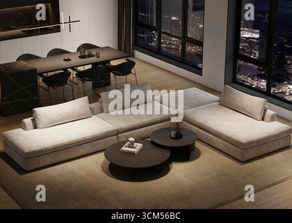 Salon intérieur minimaliste moderne avec grand canapé modulable, vue nocturne sur la ville et îlot de cuisine en marbre. rendu 3d. Illustration 3D de haute qualité Banque D'Images