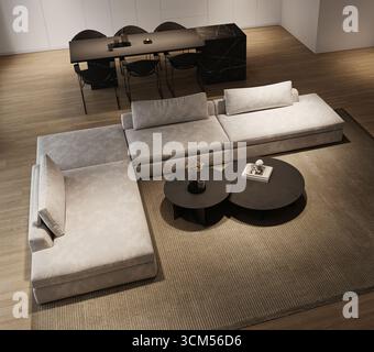 Salon intérieur minimaliste moderne avec grand canapé modulable, vue nocturne sur la ville et îlot de cuisine en marbre. rendu 3d. Illustration 3D de haute qualité Banque D'Images