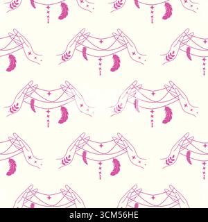 Silhouettes Magic symboles Seamless pattern, avec des éléments magiques tels que serpent, oeil, cartes de tarot, main, crâne, potion, lune, papillon, champignons, st Illustration de Vecteur