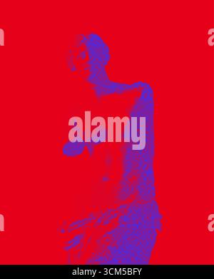 Risoprint style Statue de Vénus bleue sur fond rouge. Art graphique contemporain audacieux Illustration de Vecteur