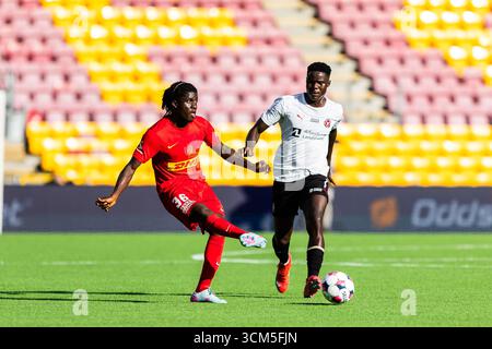 Farum, Danemark. 14 septembre 2025. Caleb Yirenkyi (36) du FC Nordsjaelland vu lors du match de 3F Superliga entre le FC Nordsjaelland et le FC Midtjylland à droite du Dream Park à Farum. Crédit : Gonzales photo/Alamy Live News Banque D'Images