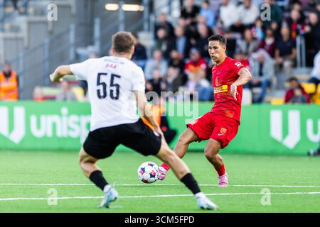 Farum, Danemark. 14 septembre 2025. Nicklas Rojkjaer (8) du FC Nordsjaelland vu lors du match de 3F Superliga entre le FC Nordsjaelland et le FC Midtjylland à droite de Dream Park à Farum. Crédit : Gonzales photo/Alamy Live News Banque D'Images