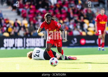 Farum, Danemark. 14 septembre 2025. Caleb Yirenkyi (36) du FC Nordsjaelland vu lors du match de 3F Superliga entre le FC Nordsjaelland et le FC Midtjylland à droite du Dream Park à Farum. Crédit : Gonzales photo/Alamy Live News Banque D'Images