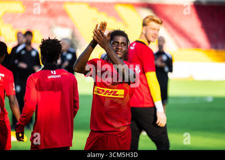 Farum, Danemark. 14 septembre 2025. Caleb Yirenkyi du FC Nordsjaelland vu après le match de 3F Superliga entre le FC Nordsjaelland et le FC Midtjylland à droite de Dream Park à Farum. Crédit : Gonzales photo/Alamy Live News Banque D'Images