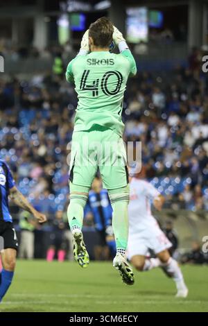 Montréal, Canada. 13 septembre 2025. Le gardien Jonathan Sirois #40 de CF Montréal impact attrape lors du match de la Ligue majeure de soccer entre CF Montréal impact et Louis City SC au stade Saputo. Le 13 septembre 2025 à Montréal, Canada. (Photo de Horacio Zamora Rios/ Eyepix/Sipa USA) crédit : Sipa USA/Alamy Live News Banque D'Images