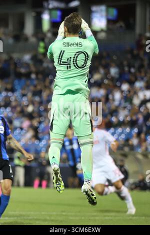 Montréal, Ciudad de Mexico, Canada. 13 septembre 2025. Le gardien Jonathan Sirois #40 de CF Montréal impact attrape lors du match de la Ligue majeure de soccer entre CF Montréal impact et Louis City SC au stade Saputo. Le 13 septembre 2025 à Montréal, Canada. (Crédit image : © Horacio Zamora Rios/eyepix via ZUMA Press Wire) USAGE ÉDITORIAL SEULEMENT ! Non destiné à UN USAGE commercial ! Banque D'Images