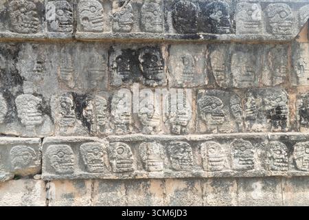 Belle photo d'un ancien mur sculpté maya avec beaucoup de craniums dans le site archéologique de Chichen Itza Banque D'Images