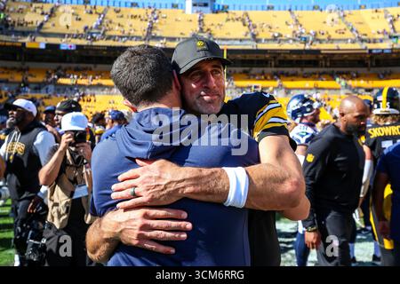 Pittsburgh, Pennsylvanie, États-Unis. 14 septembre 2025. AARON RODGERS (8 ans), quarterback des Pittsburgh Steelers, après le match de football NFL entre les Steelers de Pittsburgh et les Seahawks de Seattle à Pittsburgh, en Pennsylvanie. (Crédit image : © Brent Gudenschwager/ZUMA Press Wire) USAGE ÉDITORIAL SEULEMENT ! Non destiné à UN USAGE commercial ! Crédit : ZUMA Press, Inc/Alamy Live News Banque D'Images