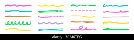 Jeu de lignes de couleur du marqueur. Marqueur et stylo surlignent avec trait, soulignement de texte et marque au crayon. Élément mignon dessiné à la main avec pinceau rayé et gribouillage coloré. Illustration vectorielle Illustration de Vecteur