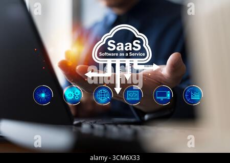 Concept de cloud computing SaaS avec logiciel en tant que service pour les entreprises, les données et l'innovation technologique, présentant des solutions numériques, des services en ligne, et Banque D'Images