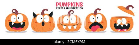 Ensemble de cliparts de personnage de dessin animé de citrouilles. Visages de citrouille orange d'Halloween dans la collection clip art mignon, effrayant, drôle, maléfique et stupide pour la saison des fêtes Illustration de Vecteur