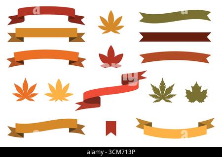 Collection de rubans décoratifs sur le thème de l'automne et diverses feuilles d'automne stylisées dans des couleurs chaudes et terreuses, isolées sur blanc Illustration de Vecteur