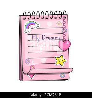 Mignon carnet rose de dessin animé. Illustration vectorielle de papier ligné avec des autocollants sur un fond blanc. Illustration de Vecteur