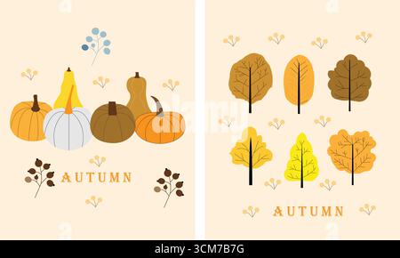Charmantes illustrations d'automne avec des citrouilles et des arbres d'automne Illustration de Vecteur