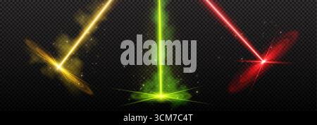 Faisceaux laser de couleur et brouillard définis sur fond transparent. Illustration réaliste vectorielle de néon jaune, rouge, rayons verts, effet étincelant et fumée, scanner de sécurité, laboratoire futuriste de sciences spatiales Illustration de Vecteur