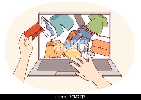 Mains personne engagée dans les achats en ligne et la commande de vêtements via internet, grâce à la carte de crédit. Shopaholic utilise l'ordinateur pour les achats en ligne avec la livraison à la porte et le gain de temps sur aller au magasin Illustration de Vecteur