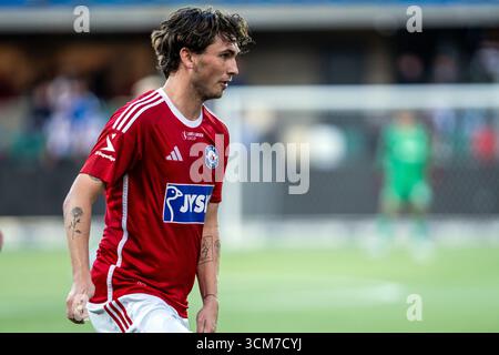 Silkeborg, Danemark. 14 septembre 2025. Mads Freundlich (30) de Silkeborg vu lors du match de 3F Superliga entre Silkeborg IF et Odense BK au Jysk Park à Silkeborg. Banque D'Images