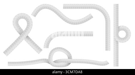 Collection de corde blanche avec des motifs de noeud et cordon torsadé pour un usage nautique ou décoratif. Fibre tressée avec boucles, courbes et sections droites avec texture tissée. Eléments de cordage marin pour la voile. Illustration de Vecteur