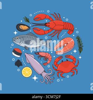 Ensemble de poissons et fruits de mer crus frais. Crevettes, crabes, calmars, saumon et produits de poisson. Concept de marché d'épicerie. Illustration vectorielle. Illustration de Vecteur