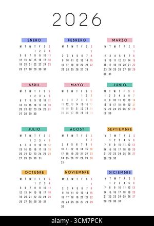 Calendrier annuel 2026 avec un design minimaliste moderne et des en-têtes de mois colorés en langue espagnole. Planificateur annuel imprimable pour la maison, le bureau, l'école Illustration de Vecteur
